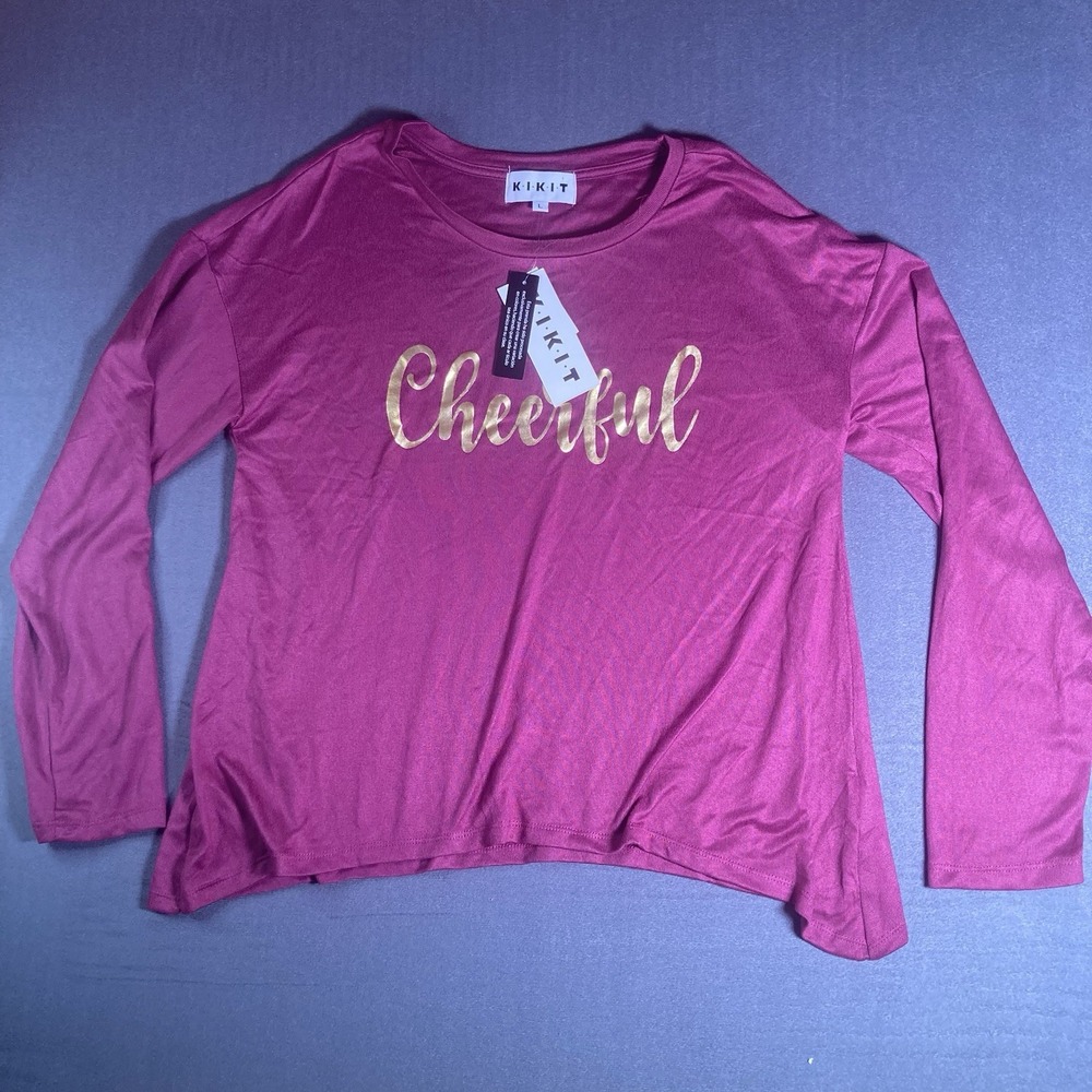 NWT Kikit Women's Cheerful Graphic Long Sleeve Shirt Pink Magenta L Loungewear